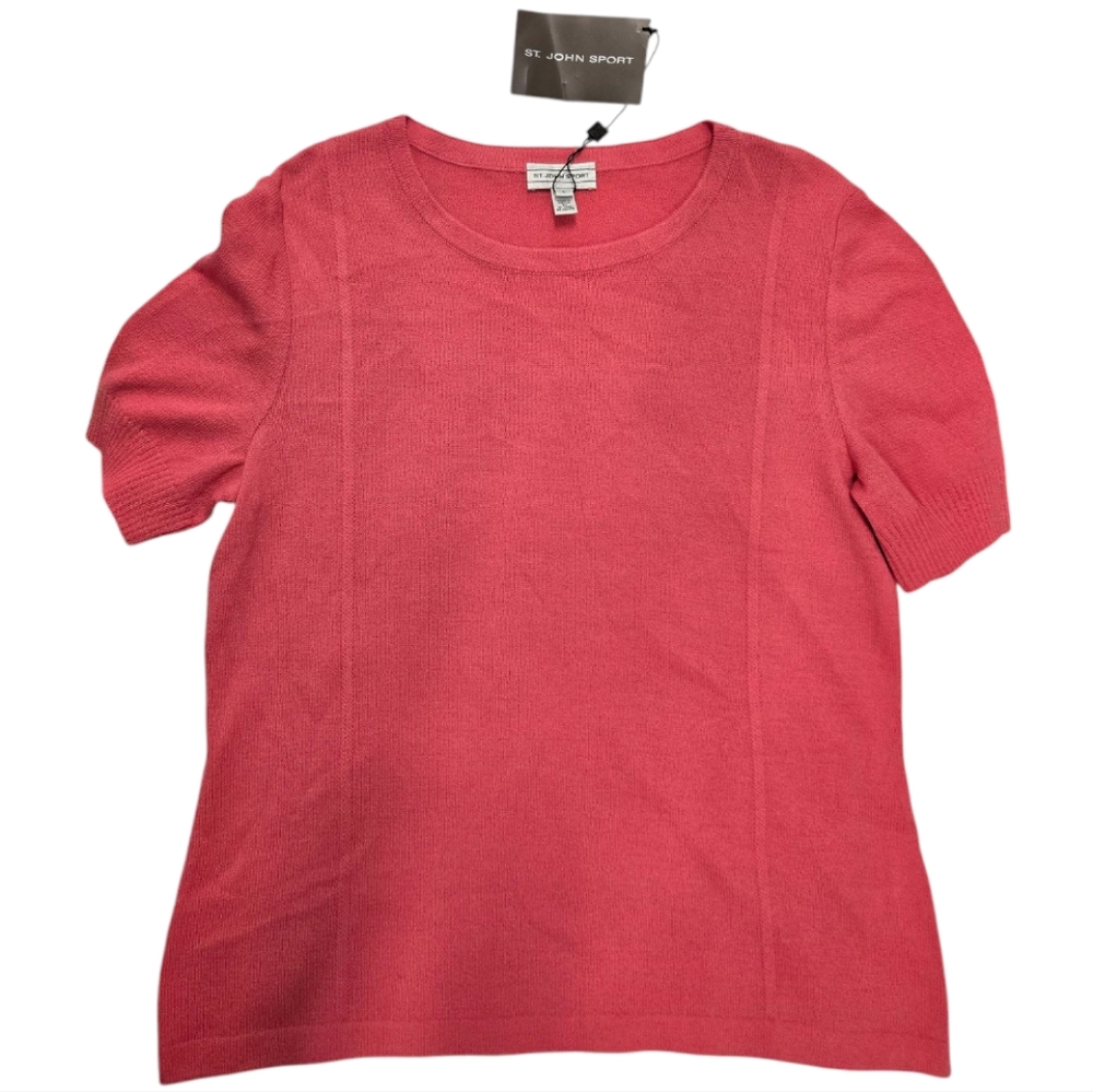 NWT ST JOHN SPORT Pink Sorbet Knit Short Sleeve‎ Blouse SZ LARGE